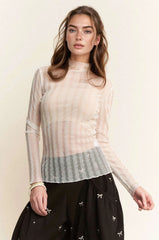 Davi & Dani Turtle Neck Lace Dotted Stretch Mesh Sheer Top WHITE OutfitFlow