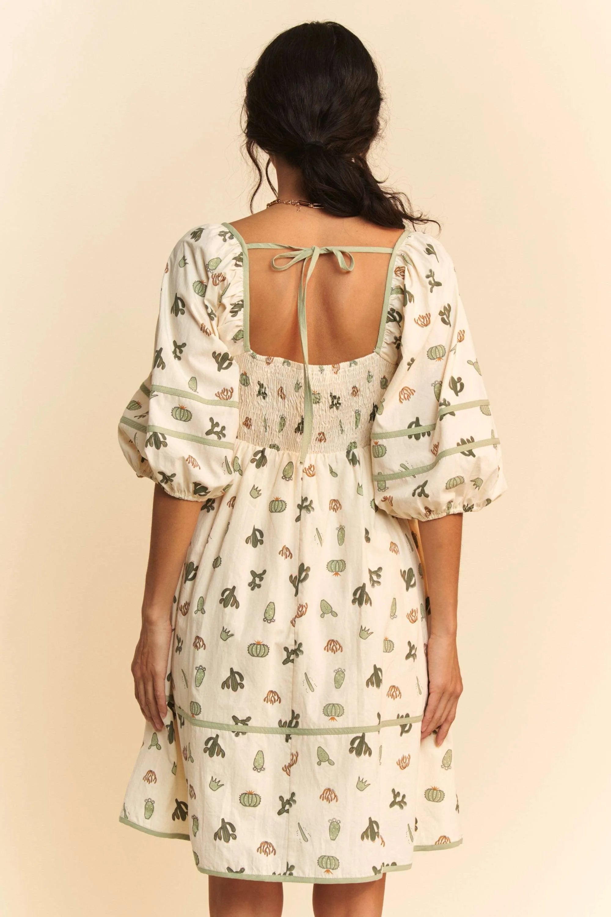 Davi & Dani Cactus Printed Poplin Contrast Piping Mini Dress OutfitFlow