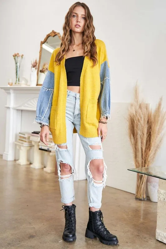 ADORA Full Size Frayed Denim Sleeve Sweater Cardigan Plus Size OutfitFlow