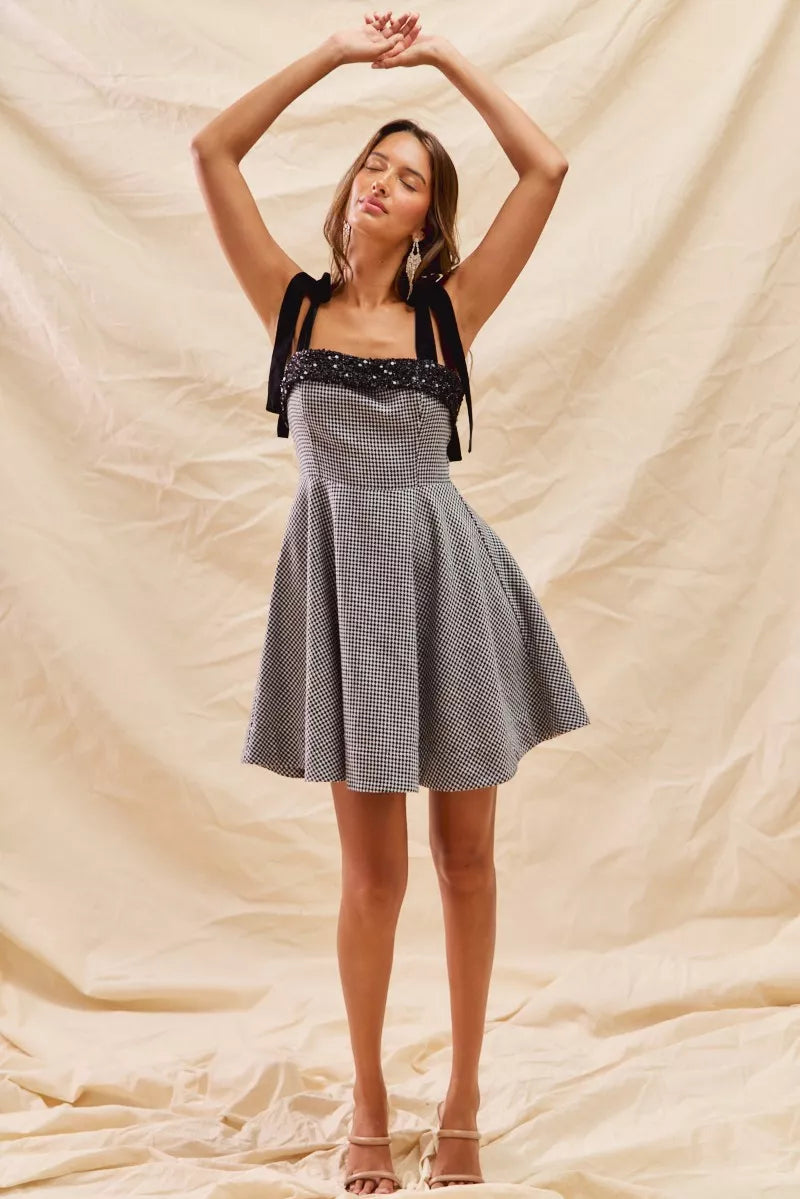 SO ME Houndstooth Fit Flare Mini Dress with Shoulder Tie OutfitFlow