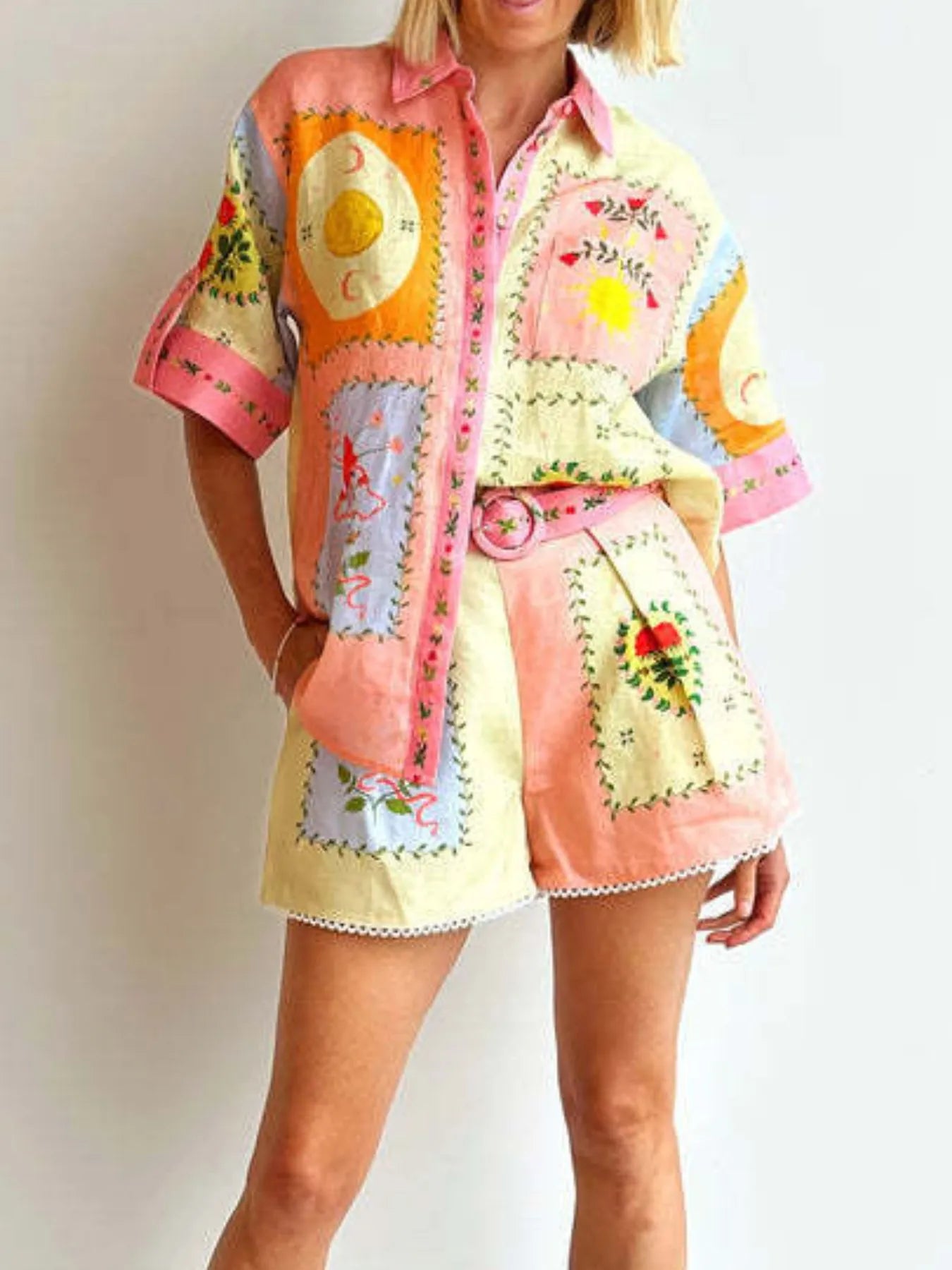 Printed Button Down Shirt and Shorts Set OutfitFlow