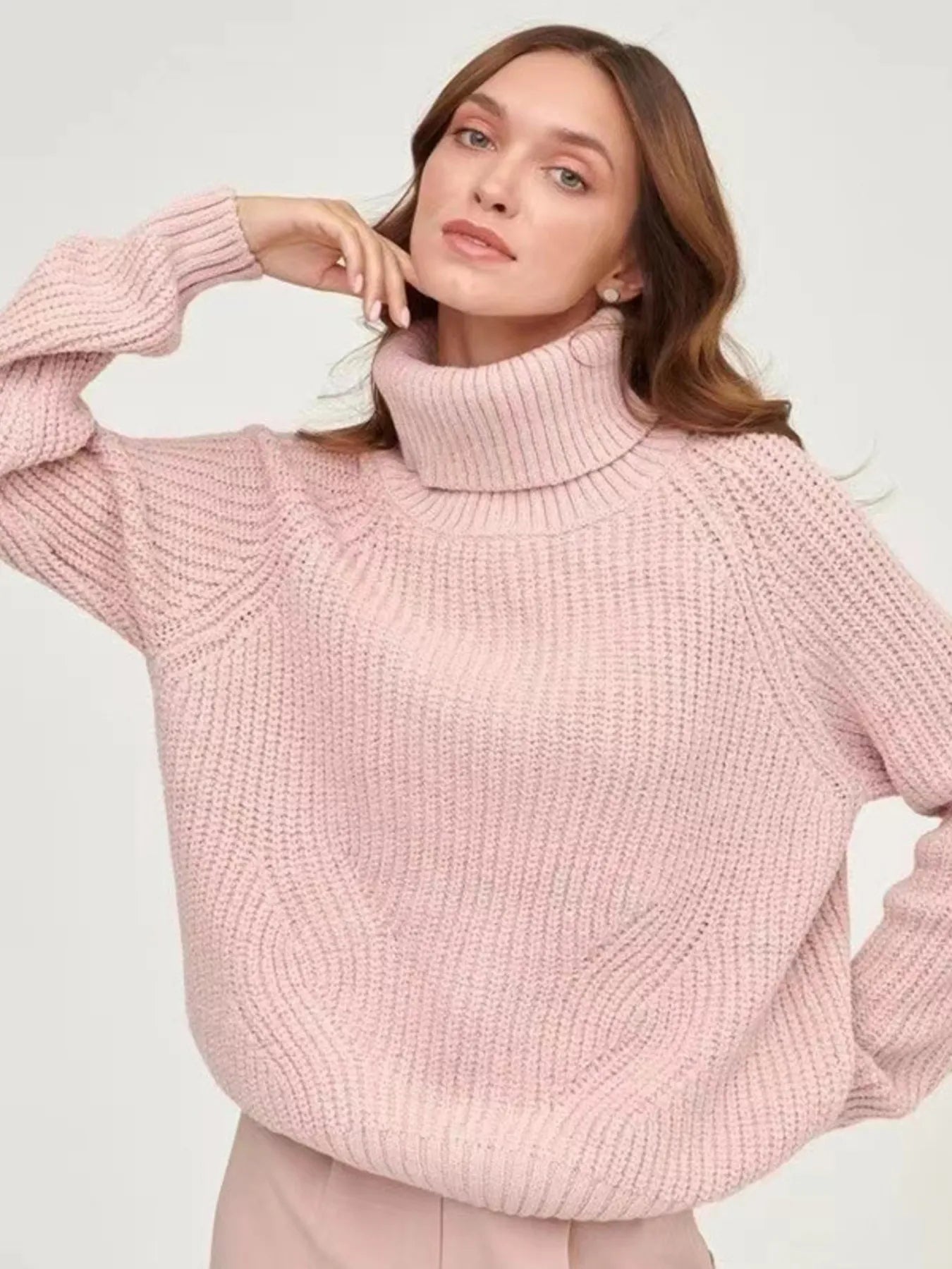 Turtleneck Long Sleeve Sweater Pink OutfitFlow