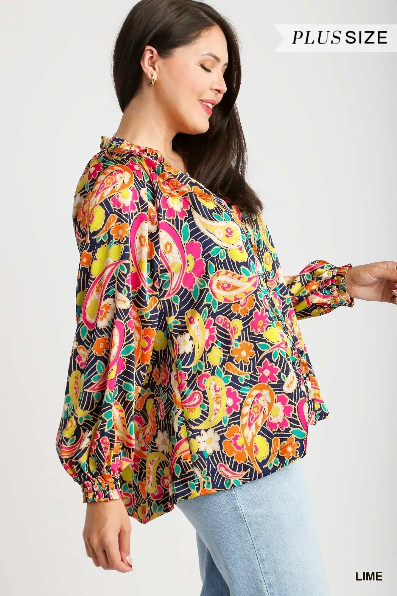 Umgee Full Size Satin Paisley Ruffle Neck Button-Up Shirt Plus Size Trendsi