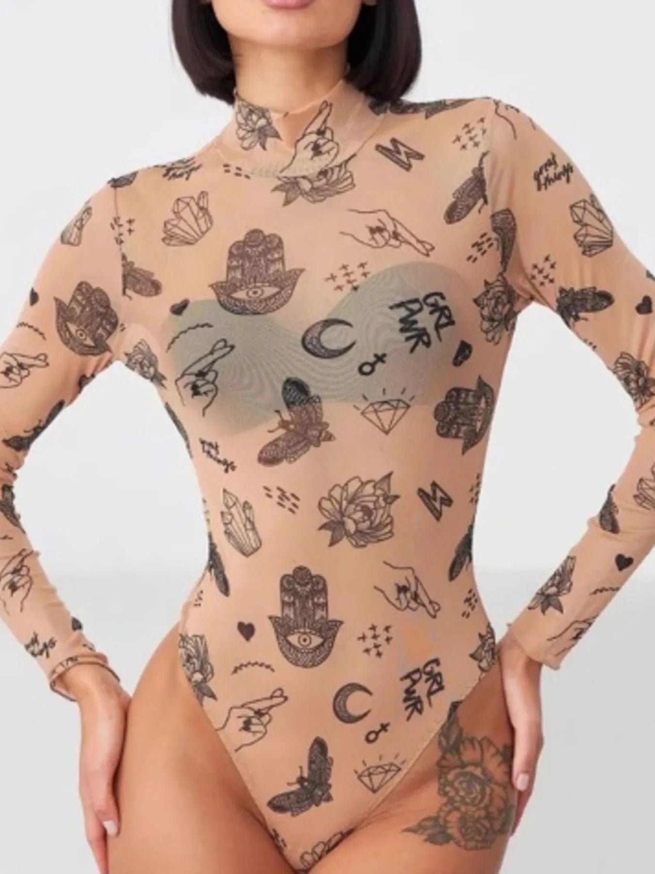 Printed Mock Neck Long Sleeve Bodysuit OutfitFlow