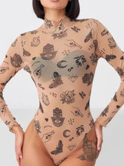 Printed Mock Neck Long Sleeve Bodysuit OutfitFlow