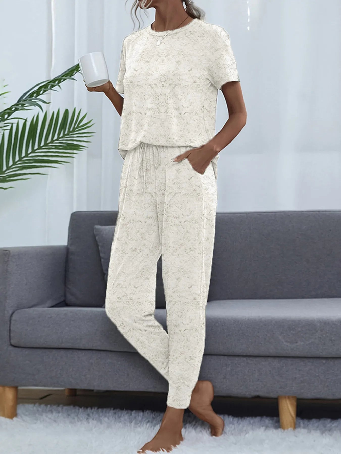 Round Neck Short Sleeve Top and Pants Lounge Set OutfitFlow