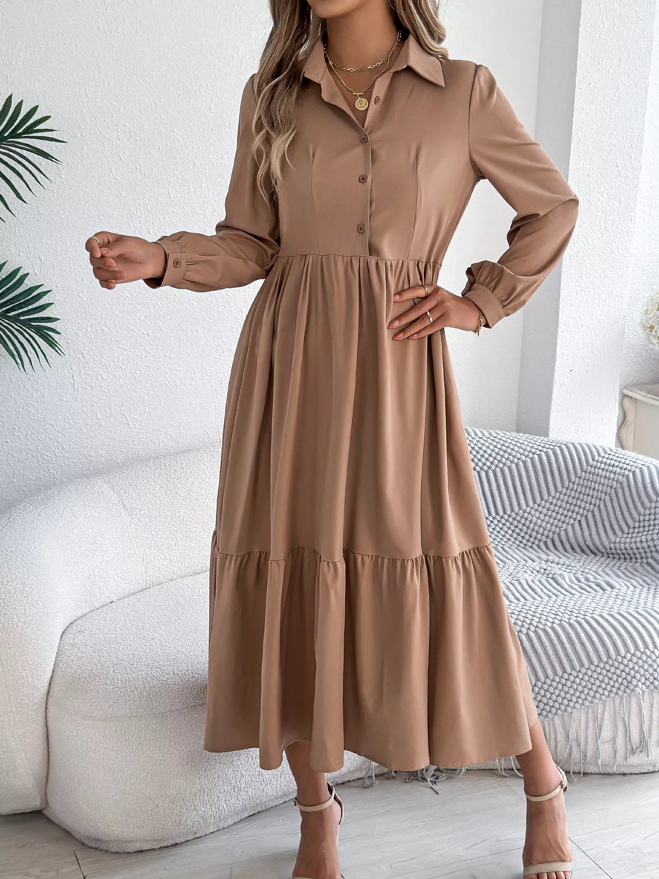 Long Sleeve Tiered Button Front Midi Dress OutfitFlow