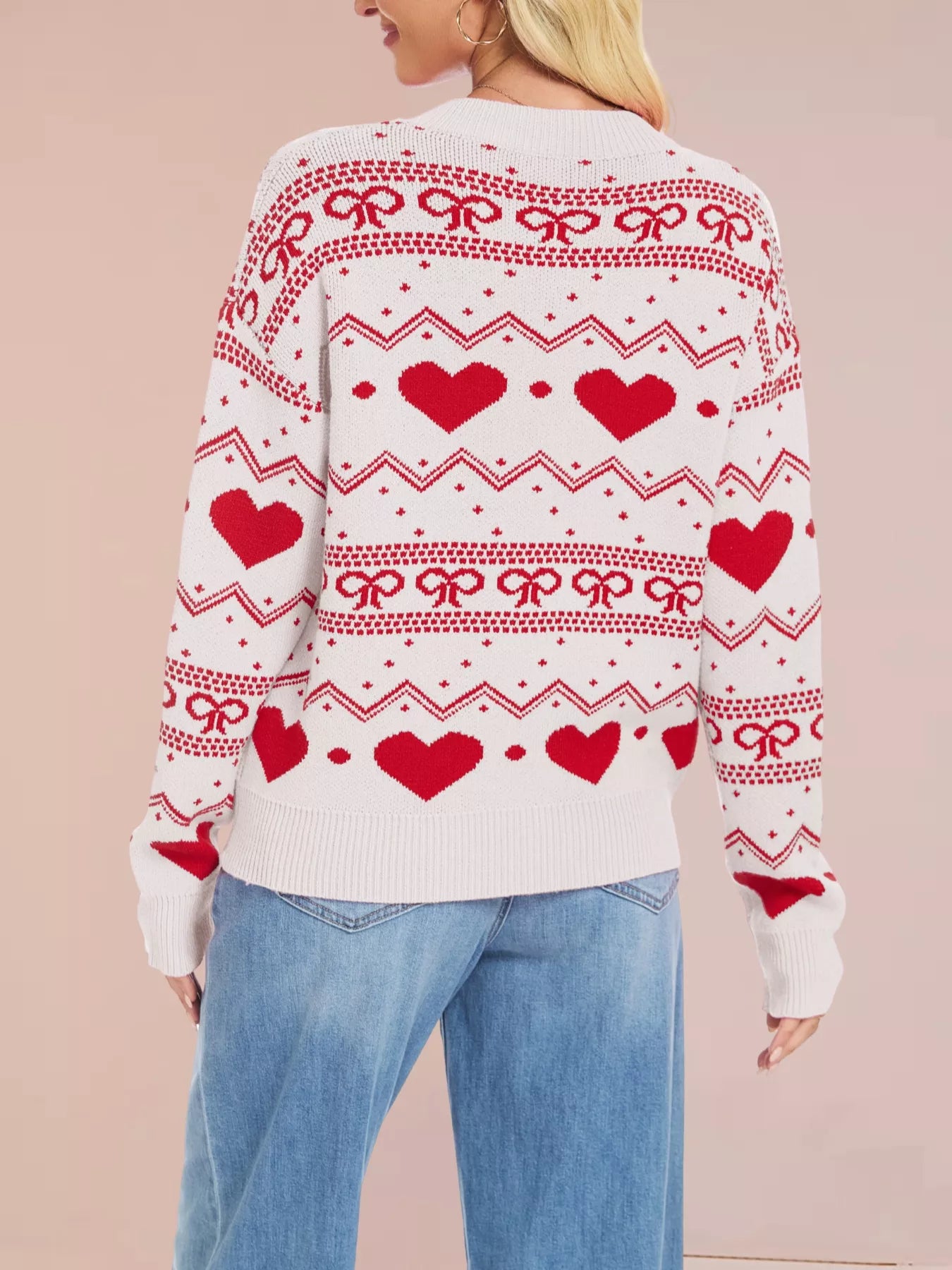 Heart & Bow Pattern Round Neck Sweater OutfitFlow