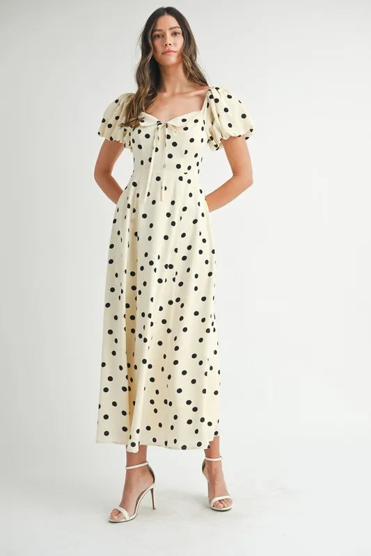 MABLE Polka Dot Puff Sleeve Midi Dress OutfitFlow