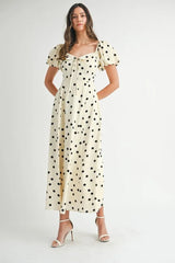 MABLE Polka Dot Puff Sleeve Midi Dress OutfitFlow