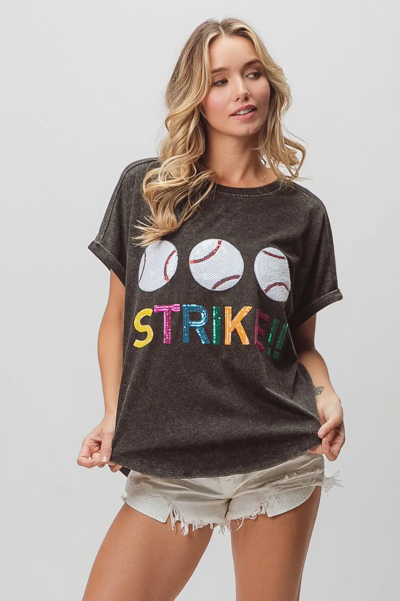 BiBi Sequin Baseballs Strike Washed Short Sleeve Top OutfitFlow