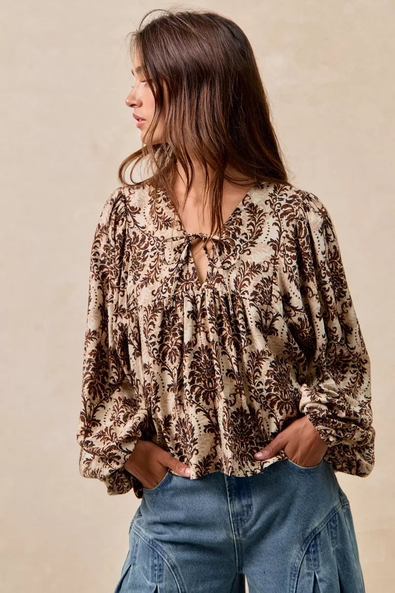 BiBi Printed Woven Front Tied Blouse with Baloon Sleeve OutfitFlow