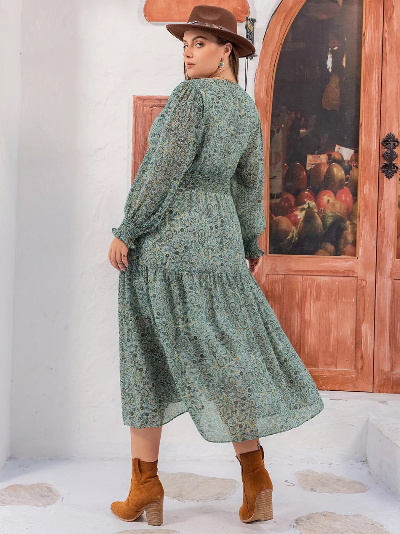 Plus Size Printed V-Neck Long Sleeve Midi Dress OutfitFlow