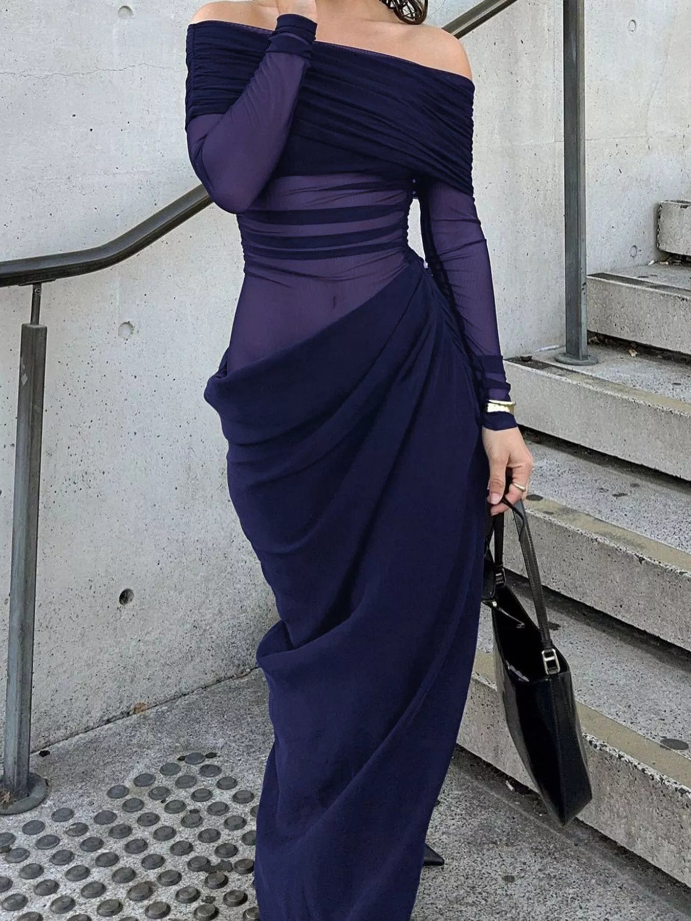 Off-Shoulder Long Sleeve Ruched Bodycon Maxi Dress OutfitFlow