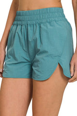 Zenana Windbreaker Smocked Waistband Running Shorts DUSTY TEAL OutfitFlow