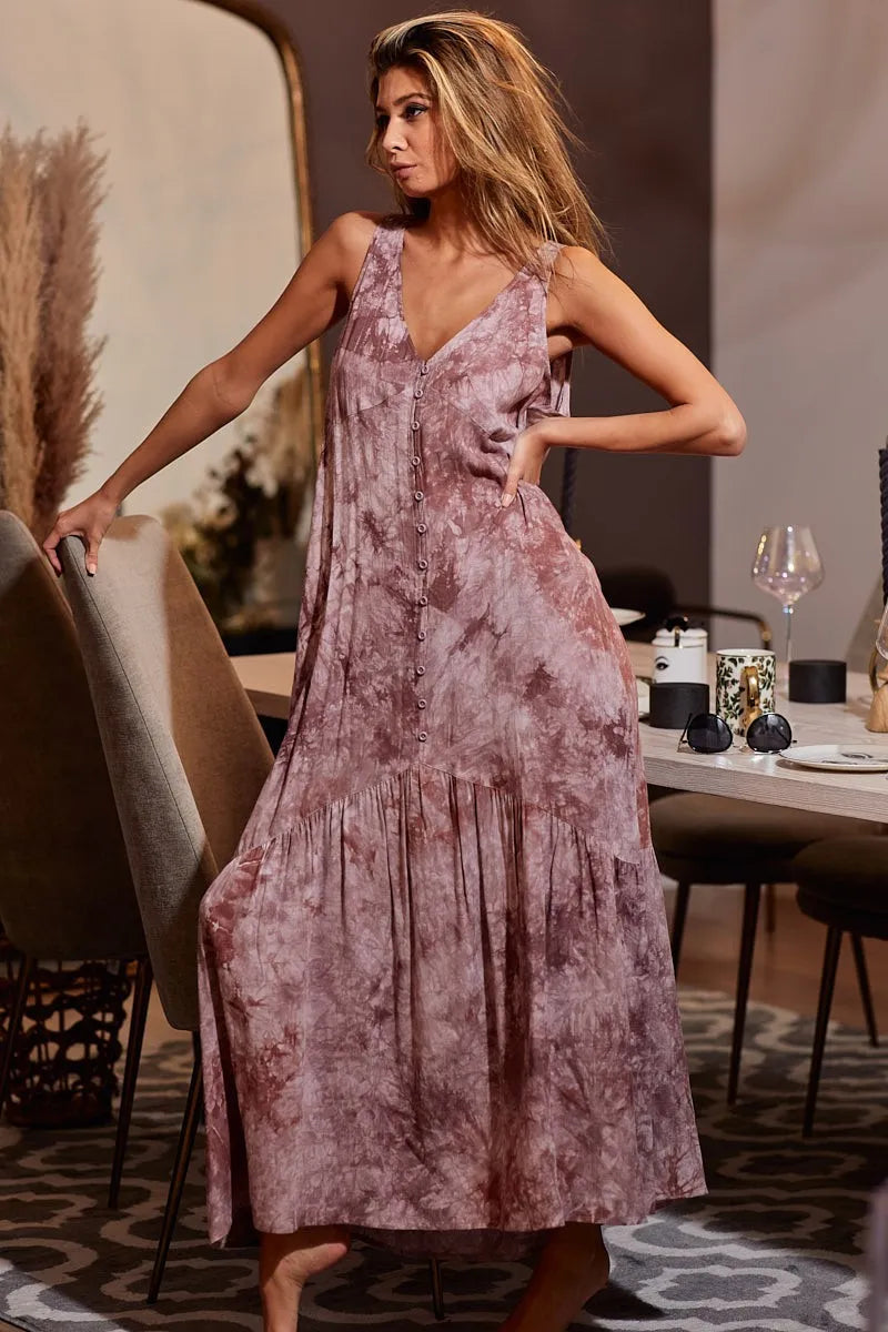 BiBi Tie-Dye Sleeveless V-Neck Dress OutfitFlow