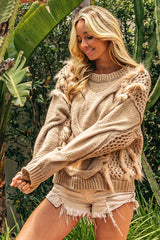 BiBi Faux Fur Detailed Pointelle Cable Knit Sweater OutfitFlow