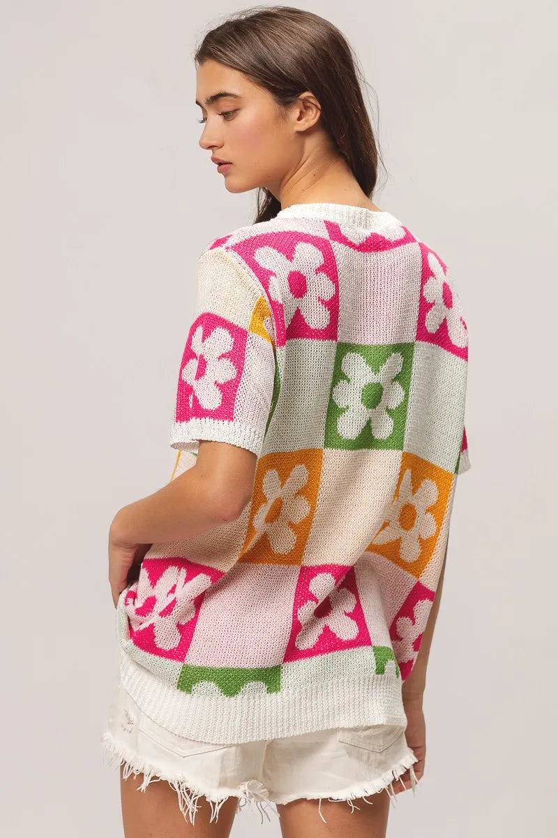 BiBi Flower Checker Pattern Lightweight Sweater Top OutfitFlow