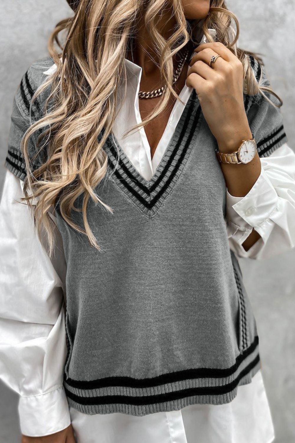 Outfit Flow - Striped Trim V-Neck Sweater Vest