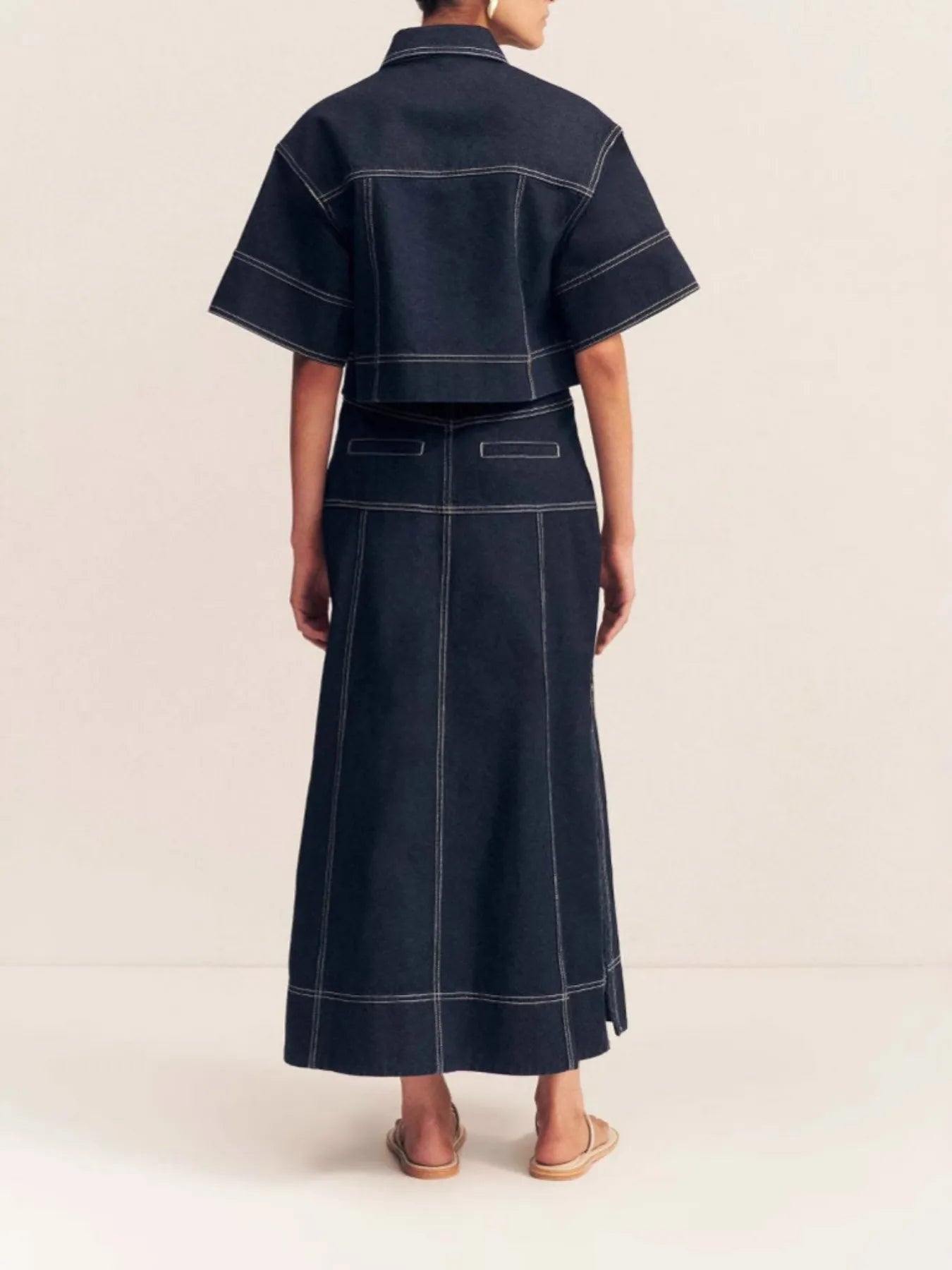 High-Waist Side Slit Contrast Stitch Denim Maxi Skirt OutfitFlow