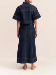 High-Waist Side Slit Contrast Stitch Denim Maxi Skirt OutfitFlow