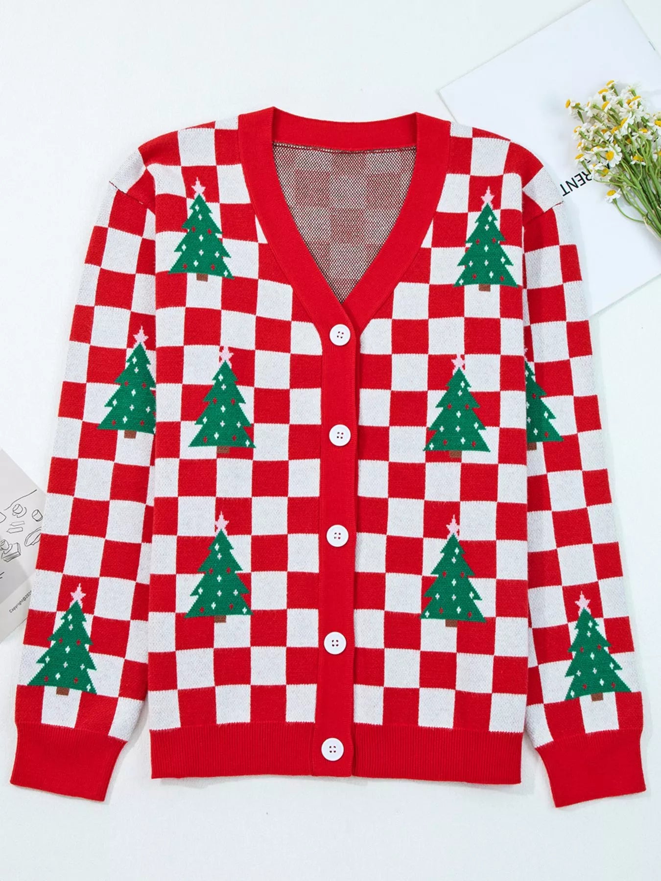 Christmas Tree Pattern Checkered Button V Neck Cardigan OutfitFlow