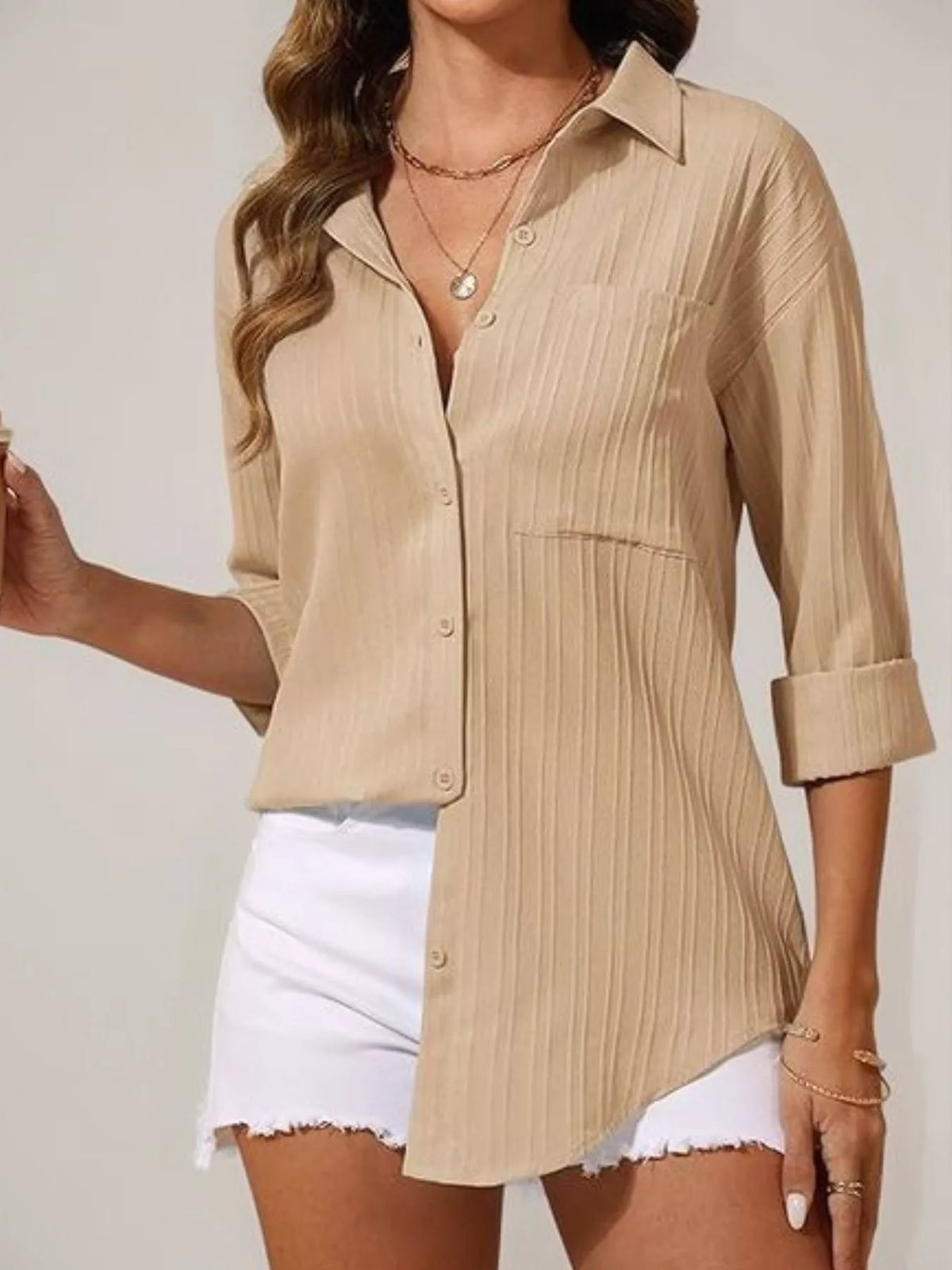 Textured Button-Down Shirt Tan OutfitFlow