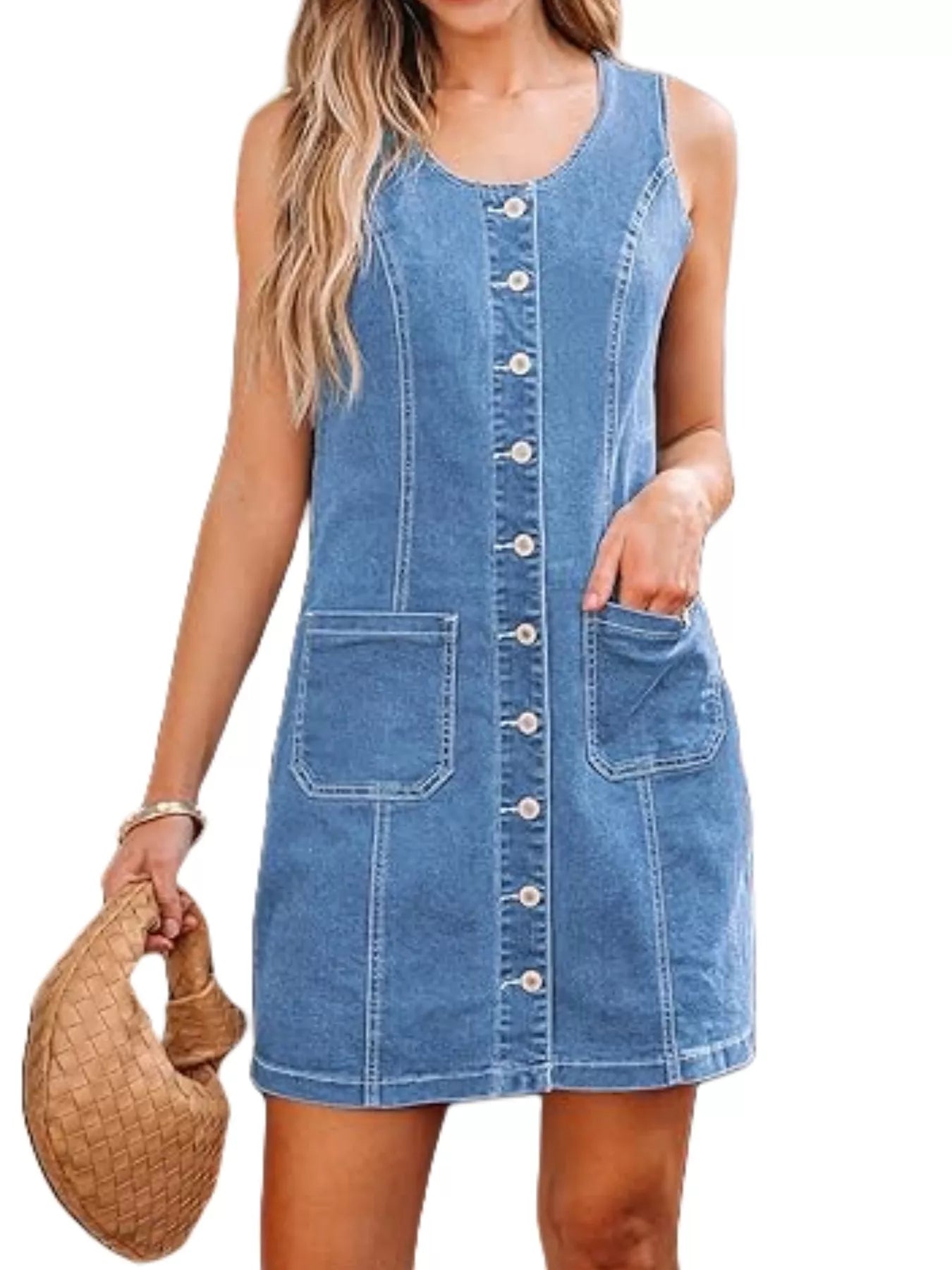 Button-Front Sleeveless Denim Dress OutfitFlow