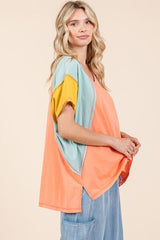 Mittoshop Color Block V-Neck Short Sleeve T-Shirt OutfitFlow