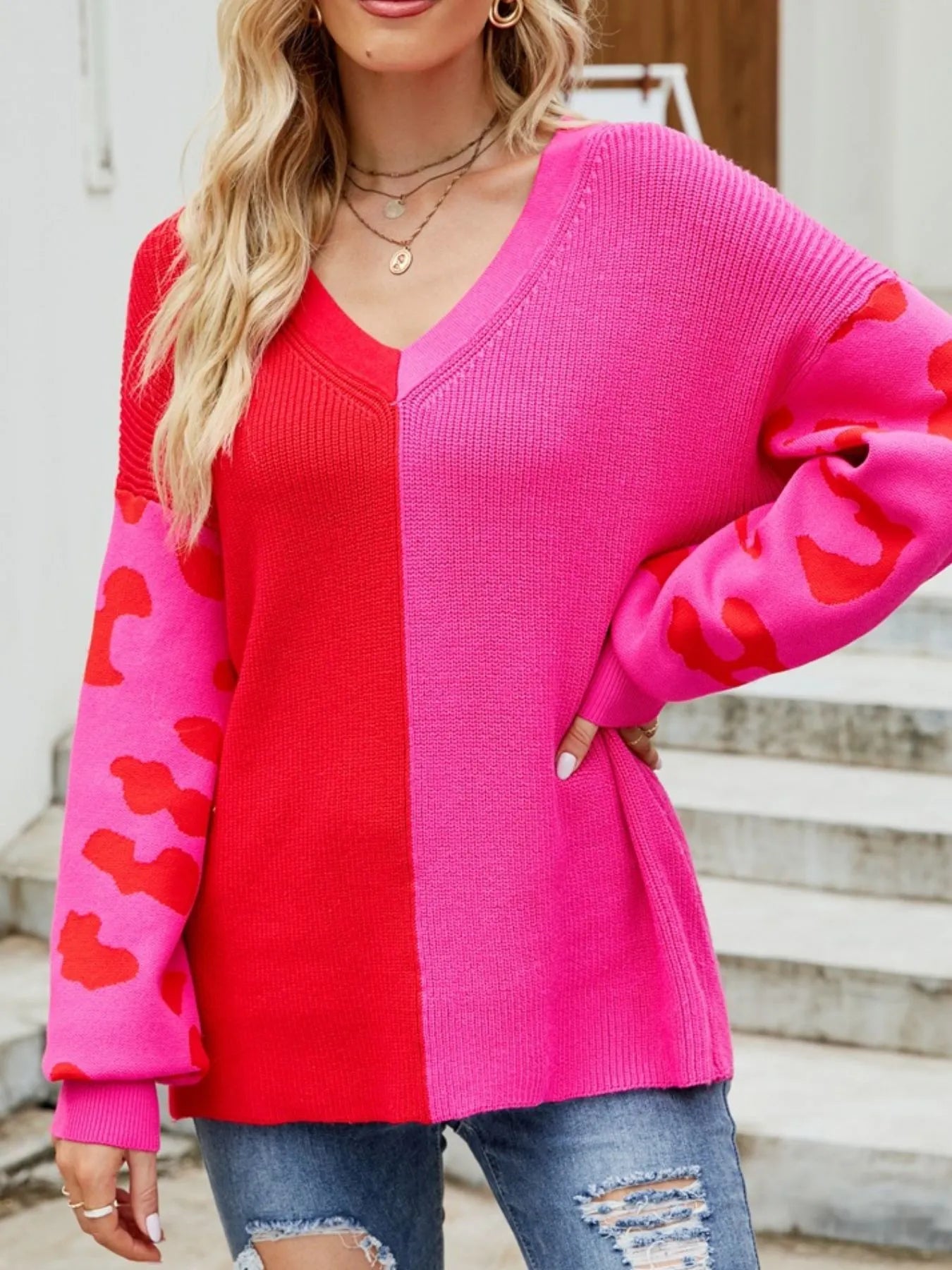 Color Block Leopard V-Neck Sweater OutfitFlow