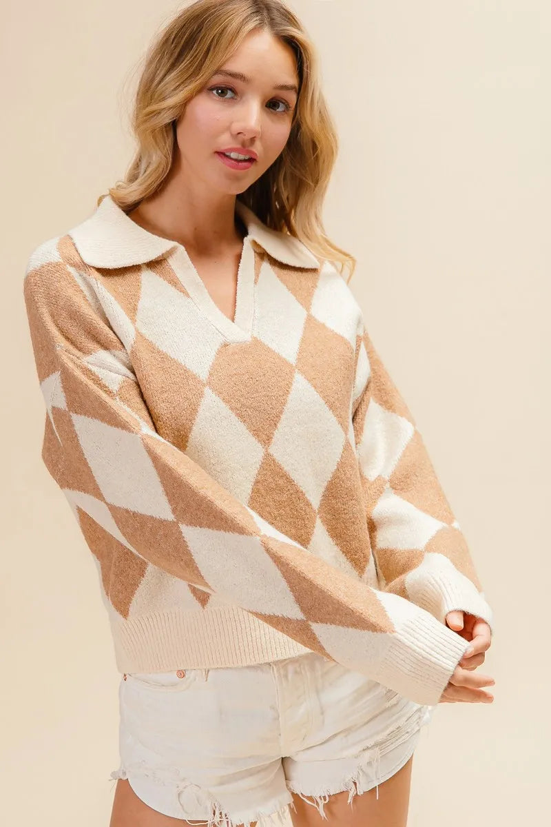 BiBi Diamond Pattern Collared Notch Neck Sweater OutfitFlow