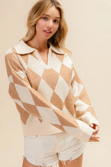 BiBi Diamond Pattern Collared Notch Neck Sweater OutfitFlow