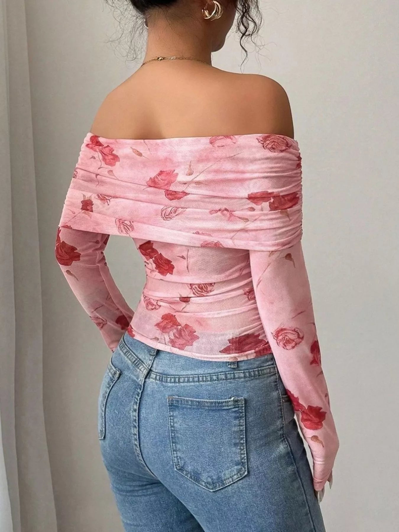 Floral Print Off-Shoulder Mesh Top OutfitFlow
