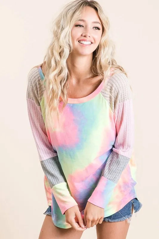 BiBi Tie Dye Terry Top with Color Block Pointelle Knit OutfitFlow