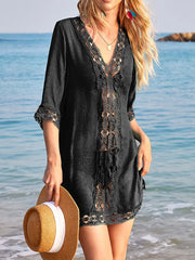 Lace Trim V-Neck Cover-Up Black OutfitFlow