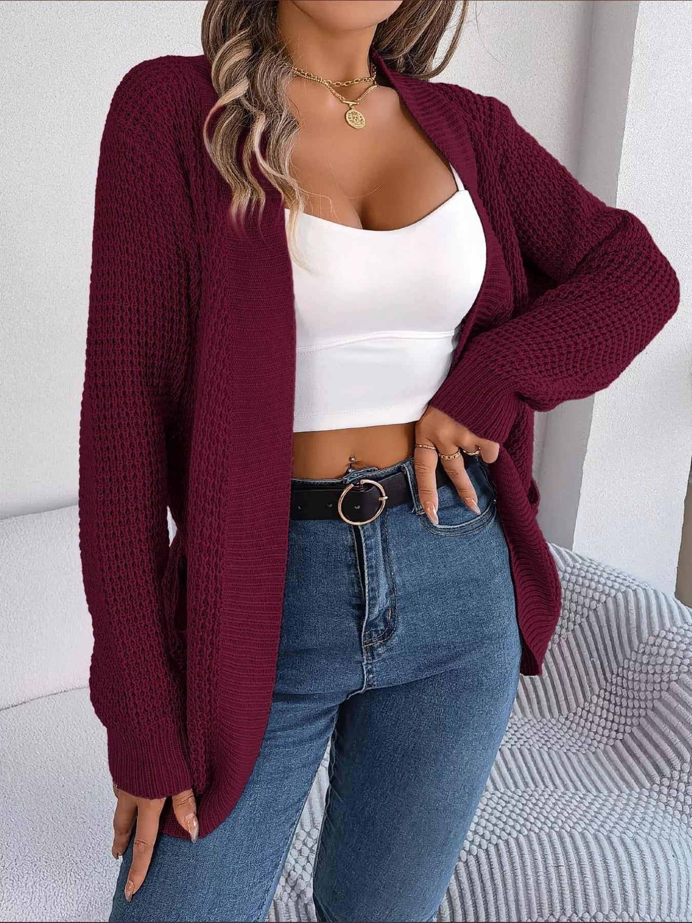 Chunky Knit Open Front Cardigan with Pockets OutfitFlow