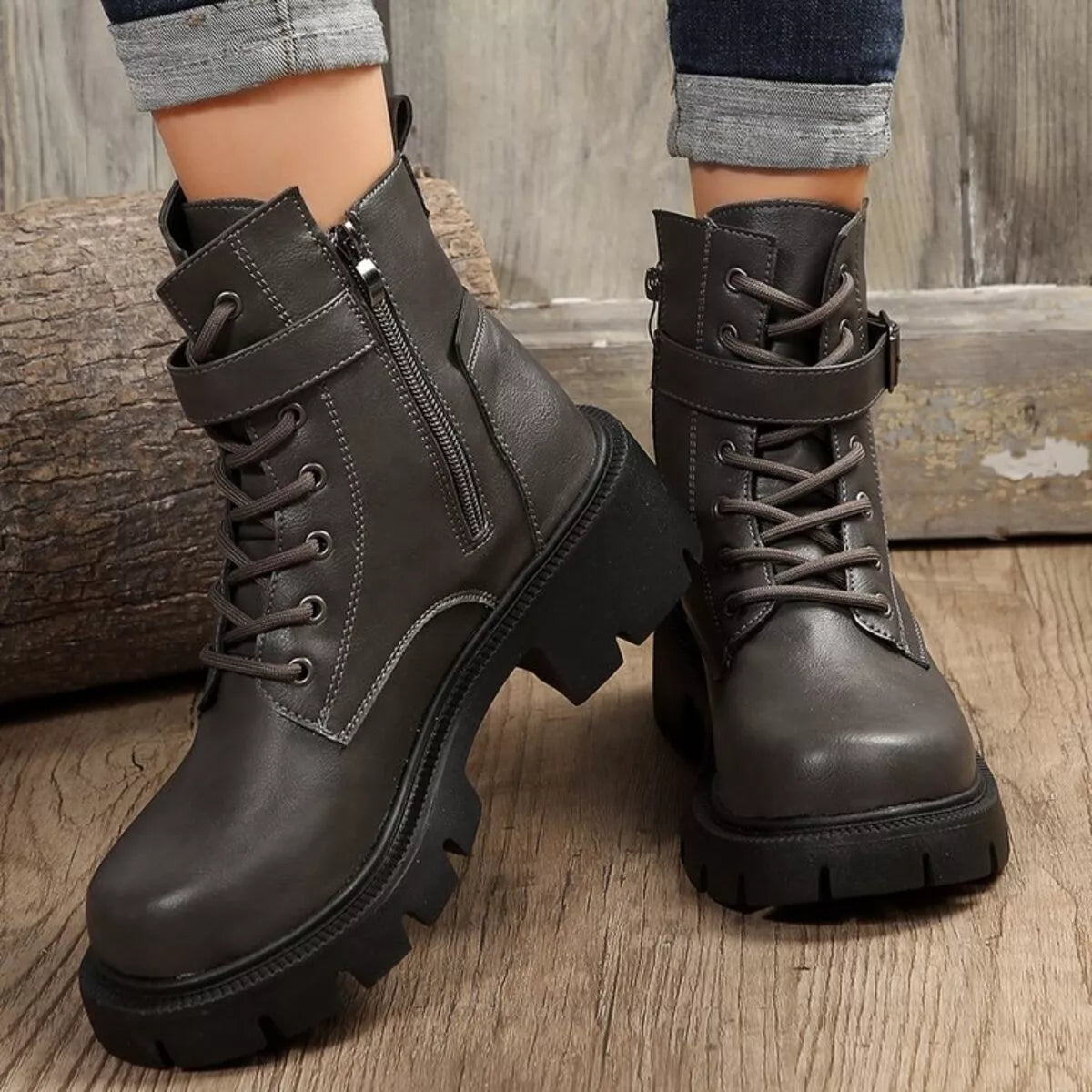 Lace-Up Buckle Accent Block Heel Boots Trendsi
