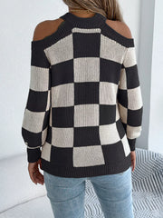 Cold Shoulder Checkered Long Sleeve Sweater OutfitFlow