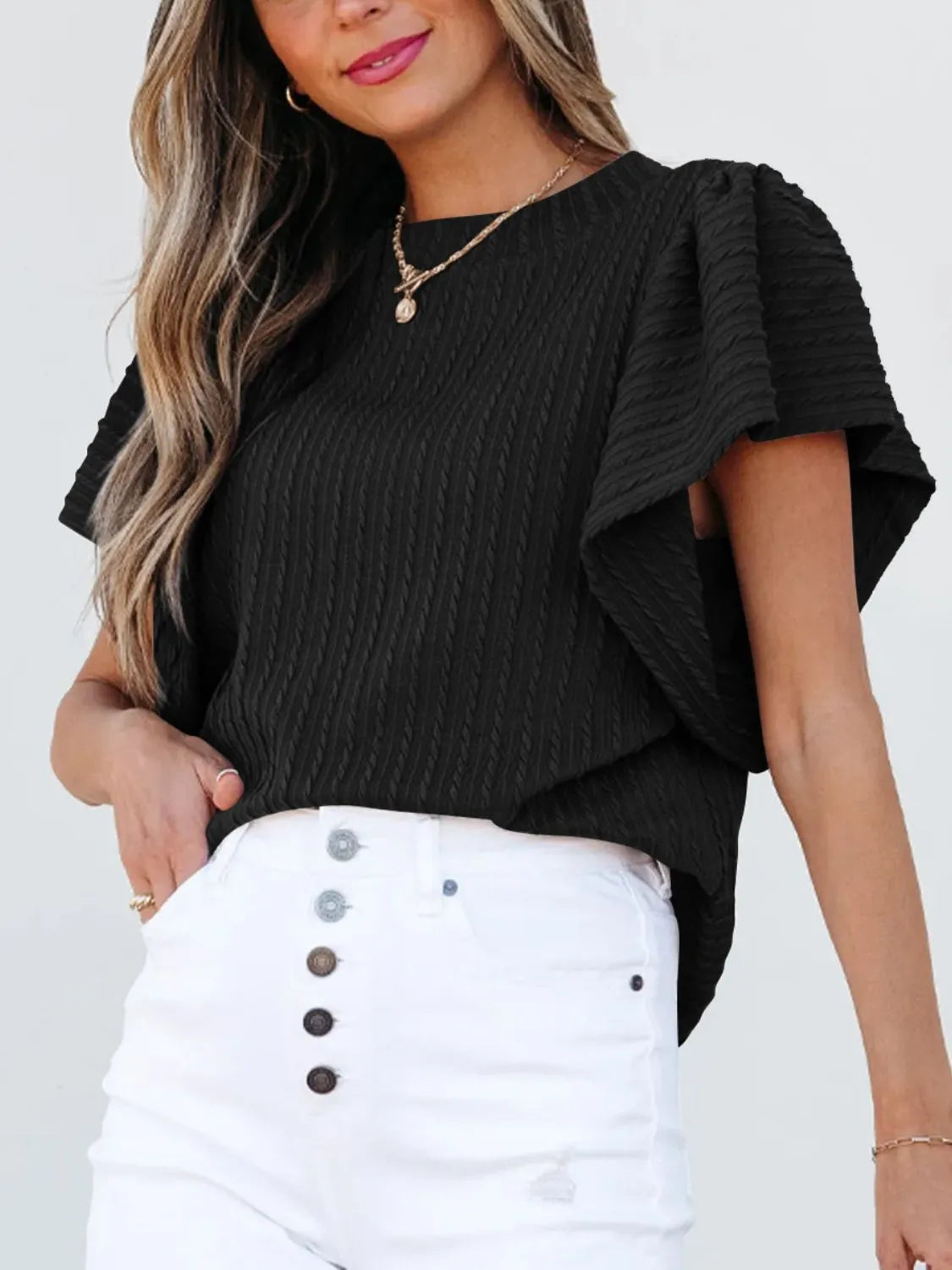 Round Neck Ruffle Sleeve Top Black OutfitFlow