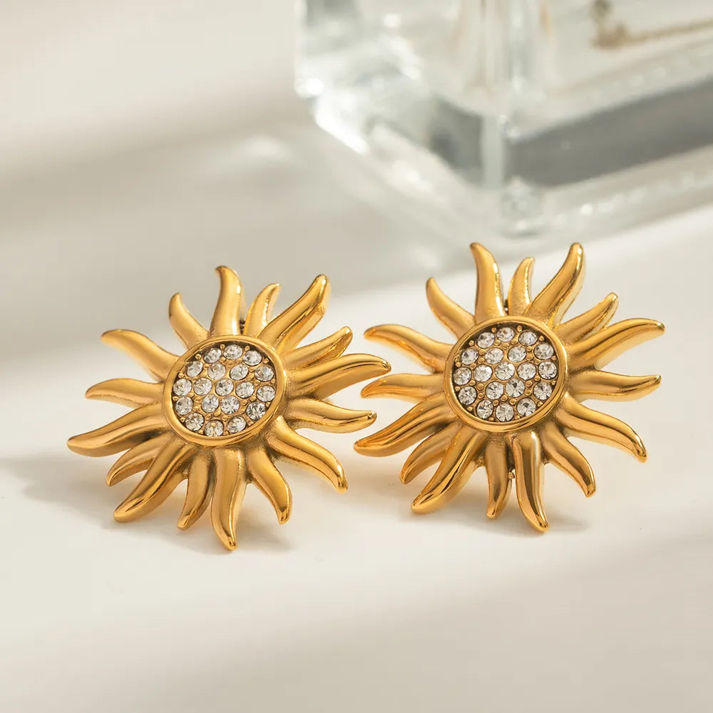 Stainless Steel Inlaid Rhinestone Sun Shape Stud Earrings OutfitFlow