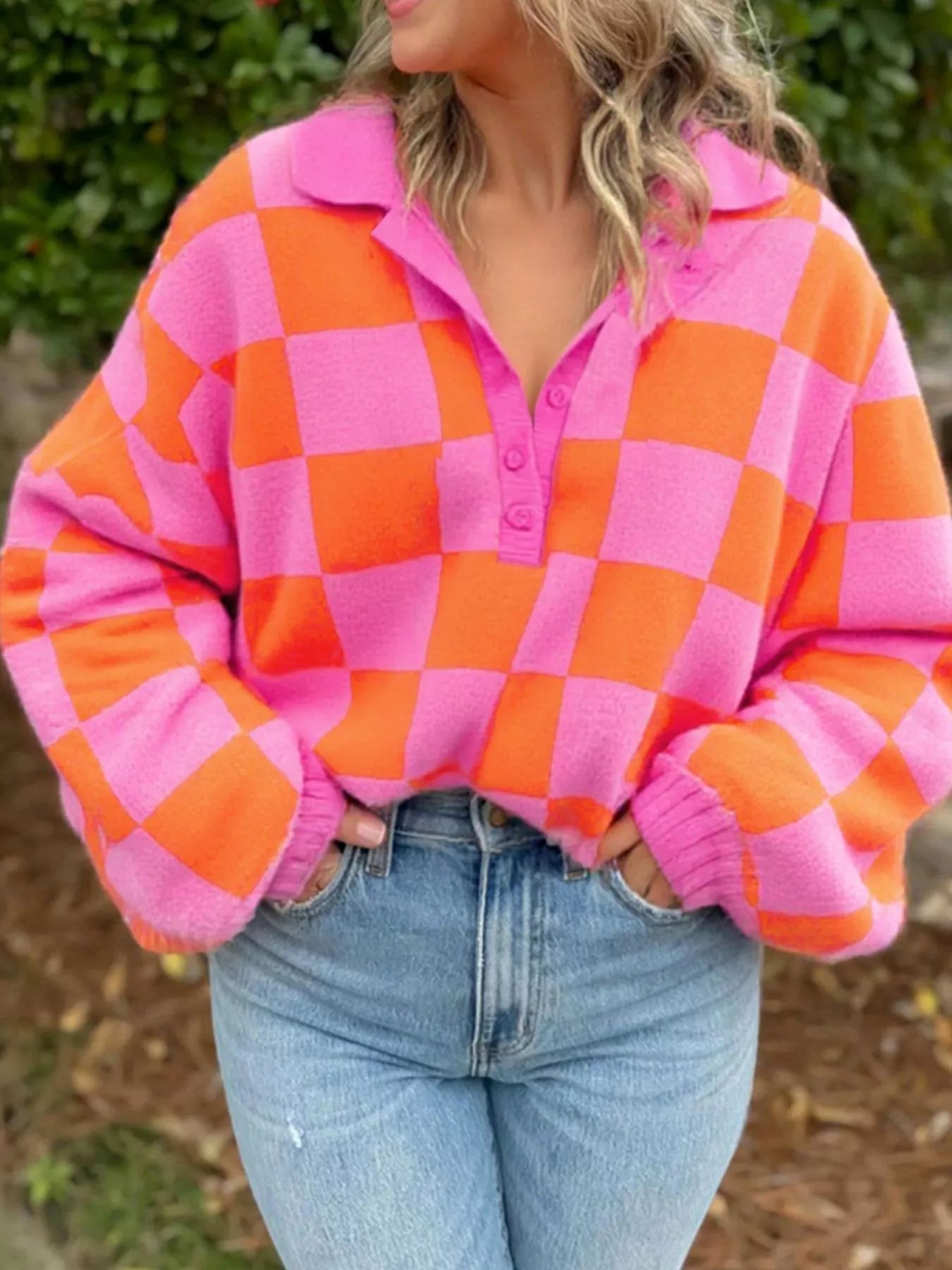 Checkerboard Pattern Half Button Sweater Strawberry OutfitFlow