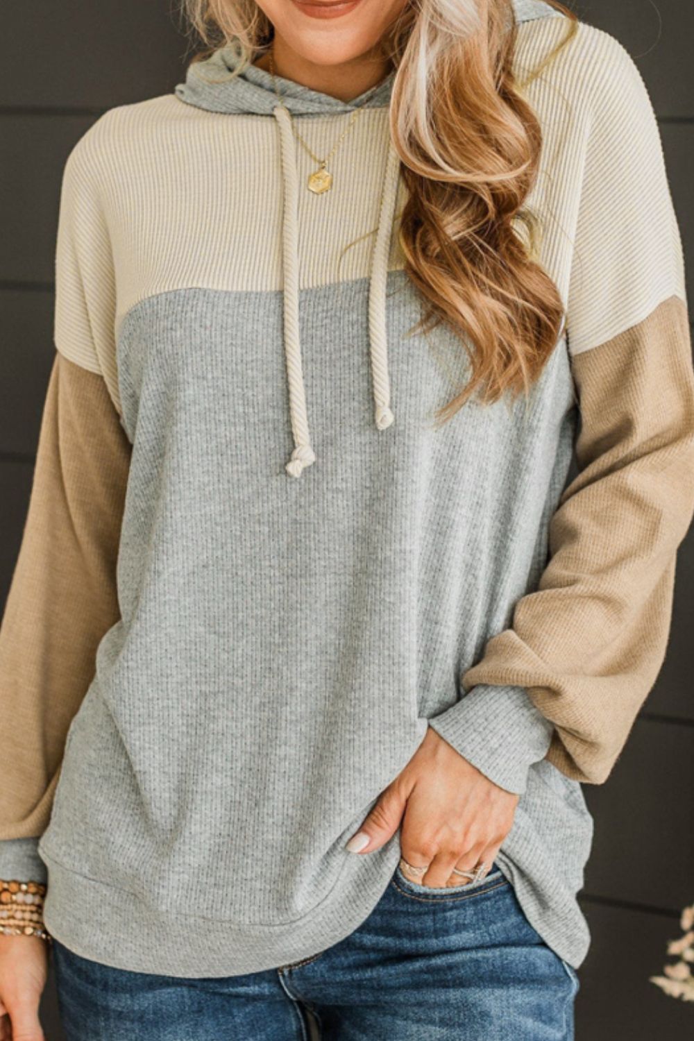 Outfit Flow - Drawstring Color Block Long Sleeve Hoodie