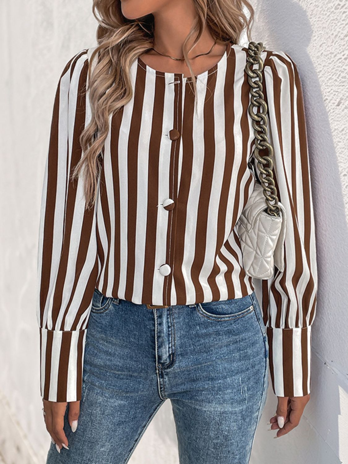 Outfit Flow - Perfee Striped Round Neck Long Sleeve Blouse