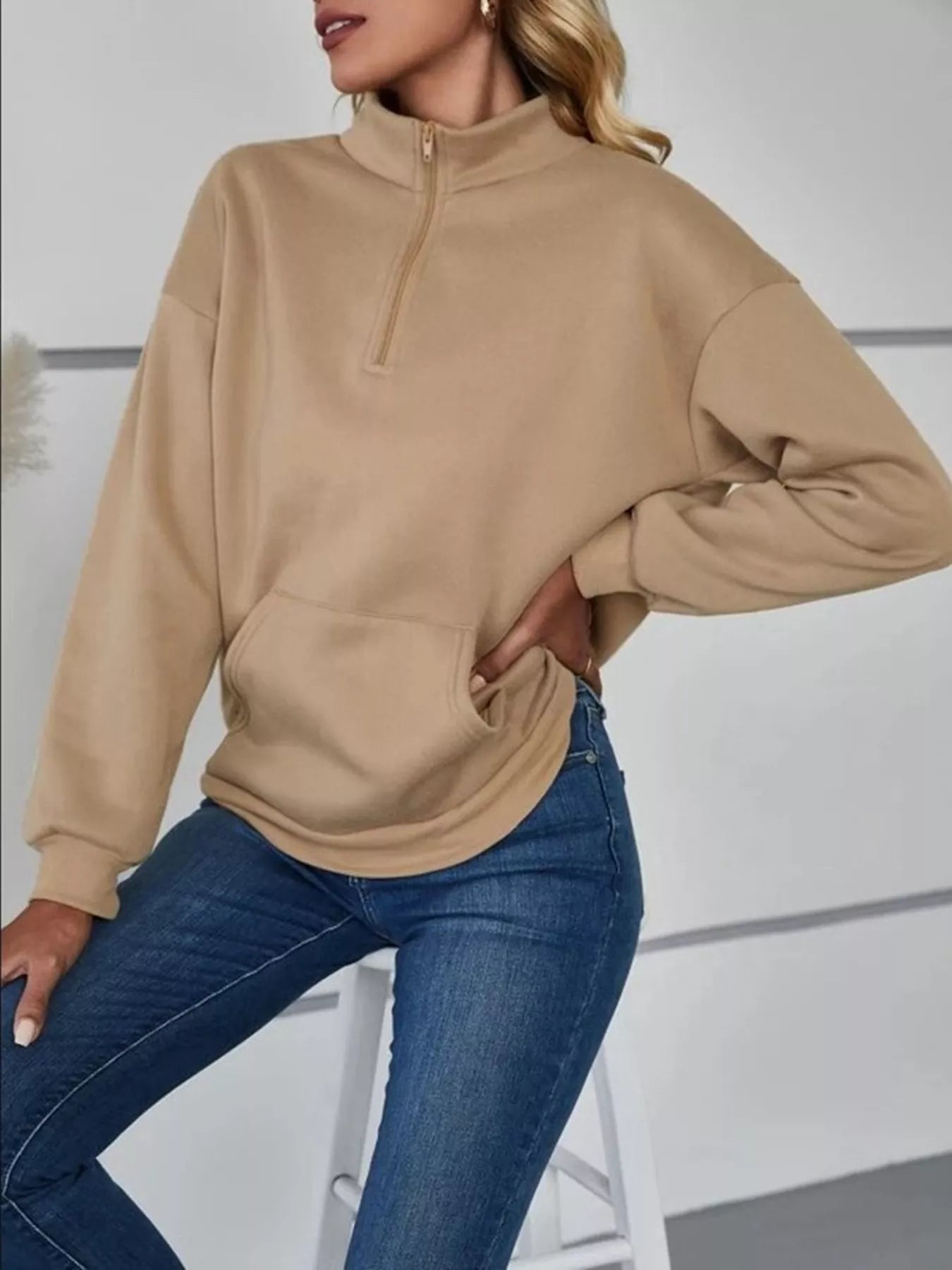 Zip-Up Collar Sweatshirt with Pocket Khaki OutfitFlow