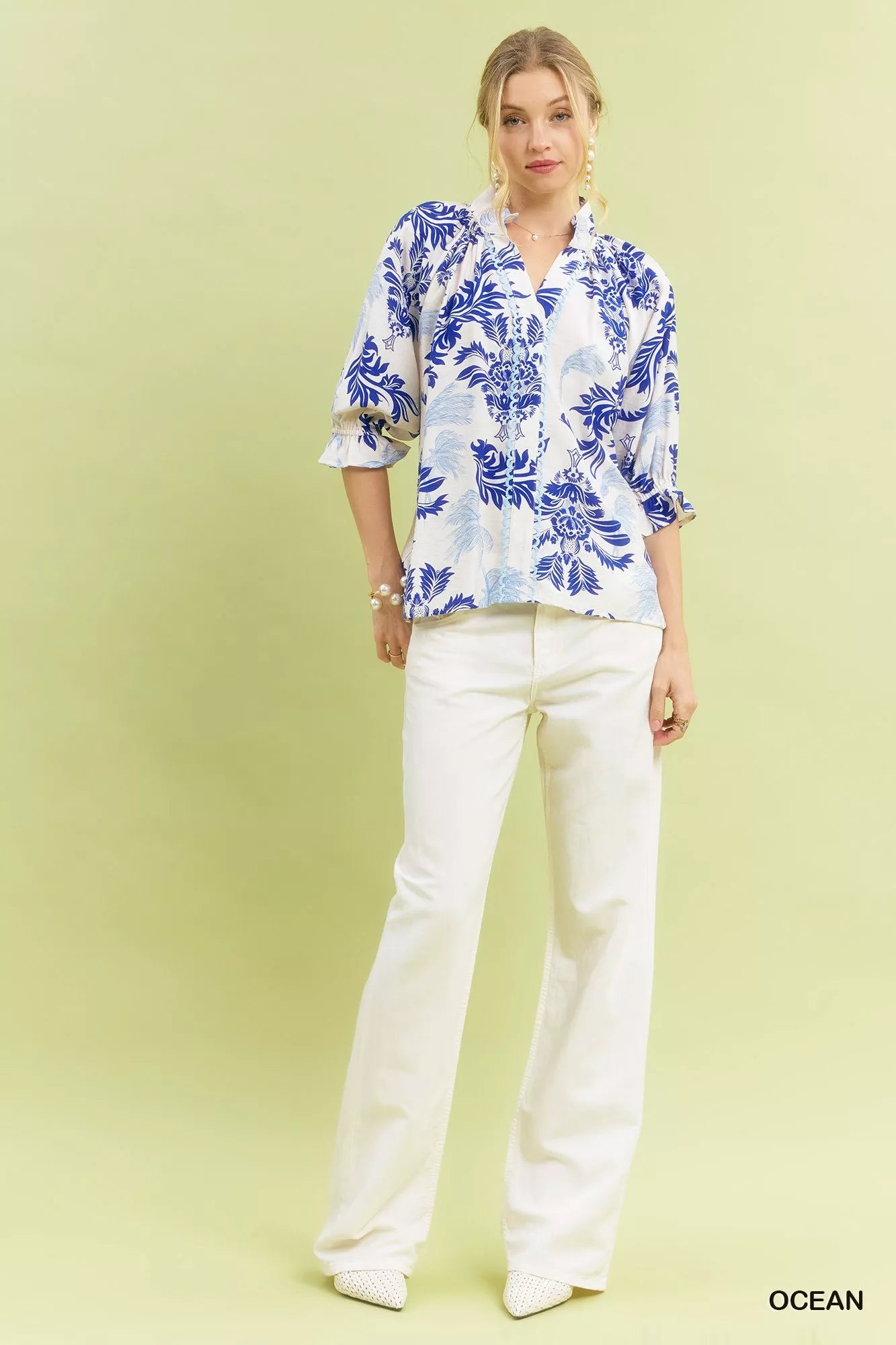 Umgee Leafy Damask Print Blouse with Contrast Scalloped Trim Detail OutfitFlow