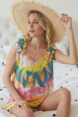 BiBi Circular Tie Dye Knit V Neck Top With Ruffle OutfitFlow