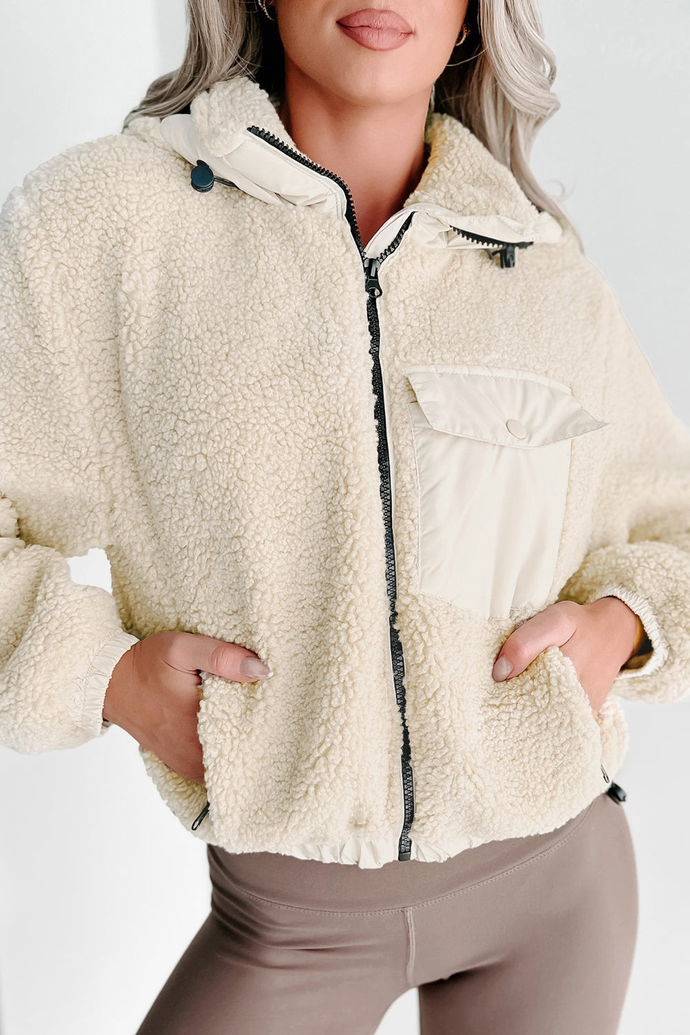 Outfit Flow - Drawstring Zip Up Sherpa Jacket with Removable Hood