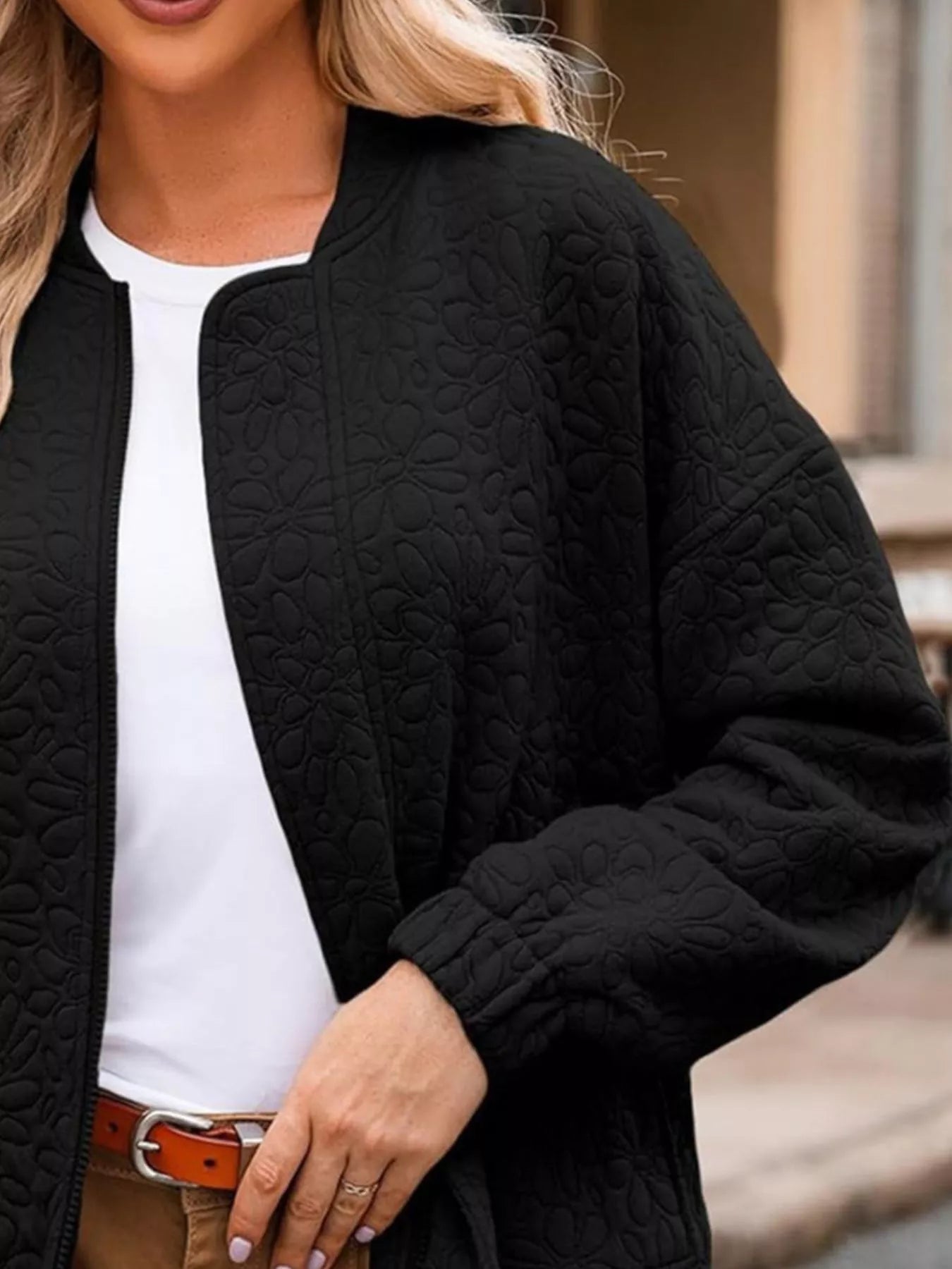 Full Size Floral Quilted Zip Up Jacket Plus Size Trendsi