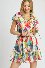 Umgee Printed Tie Neck Ruffled Hem Dress OutfitFlow
