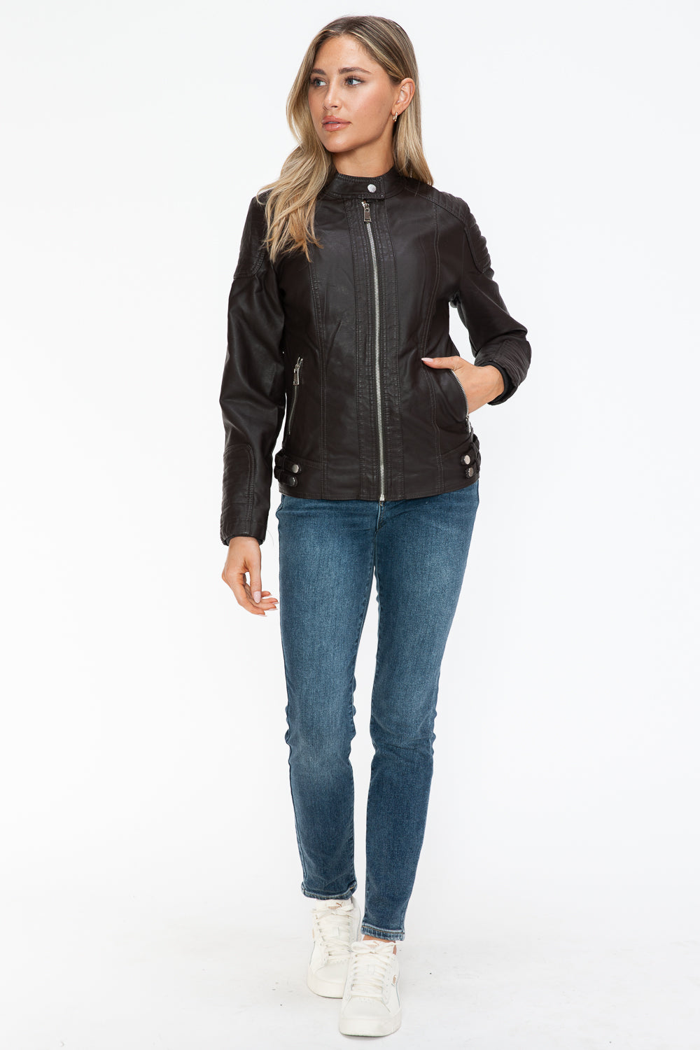 Outfit Flow - Snobbish Faux Leather Biker Jacket with Side Zip Pockets